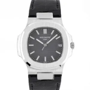 Nautilus Jumbo 5711 cadran gris en acier avec bracelet en cuir noir