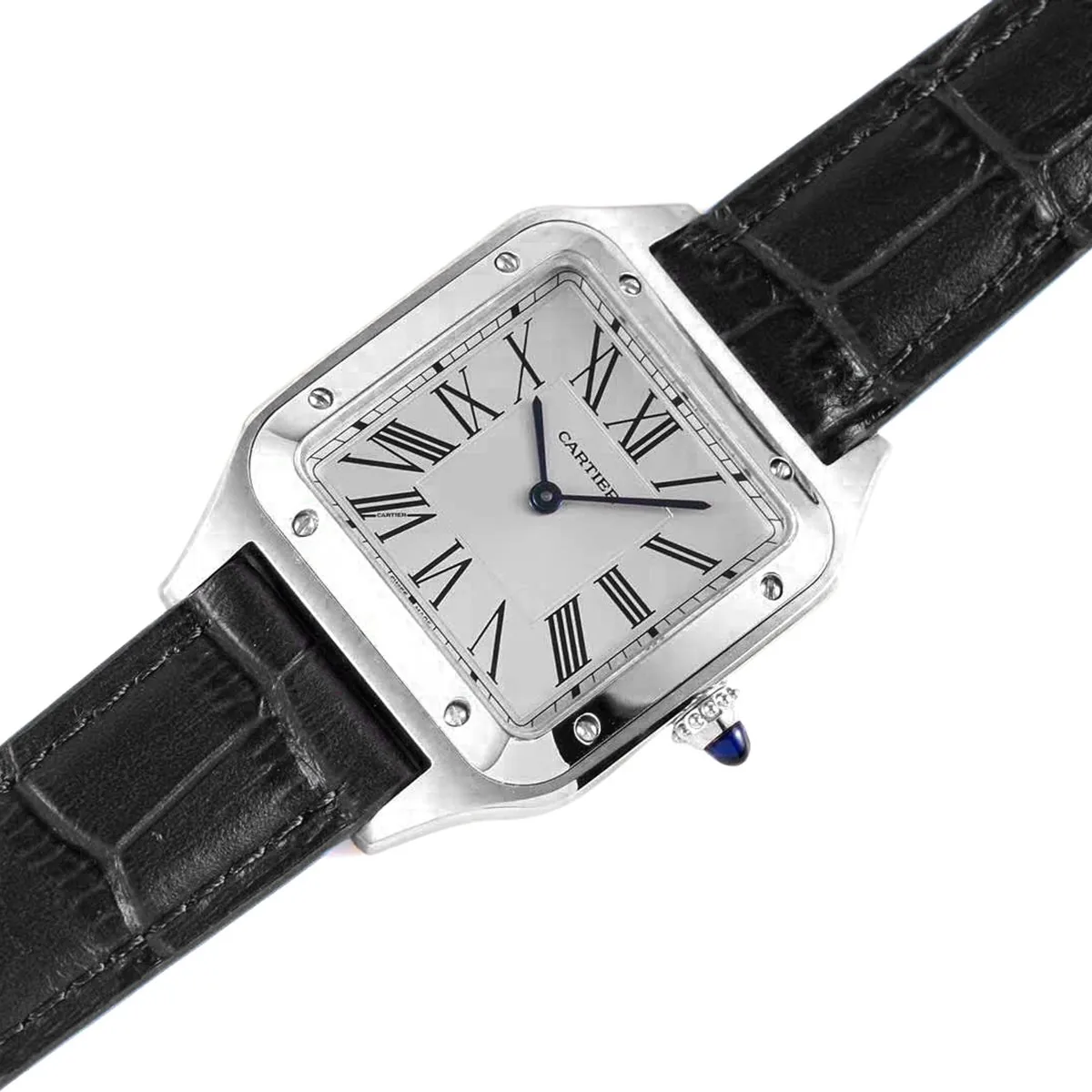 Santos-Dumont cadran blanc en acier sur bracelet en cuir noir – Image 2
