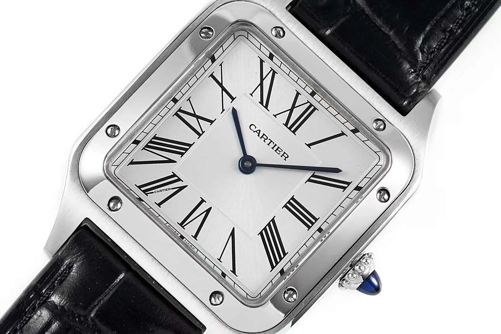 Santos-Dumont cadran blanc en acier sur bracelet en cuir noir – Image 5