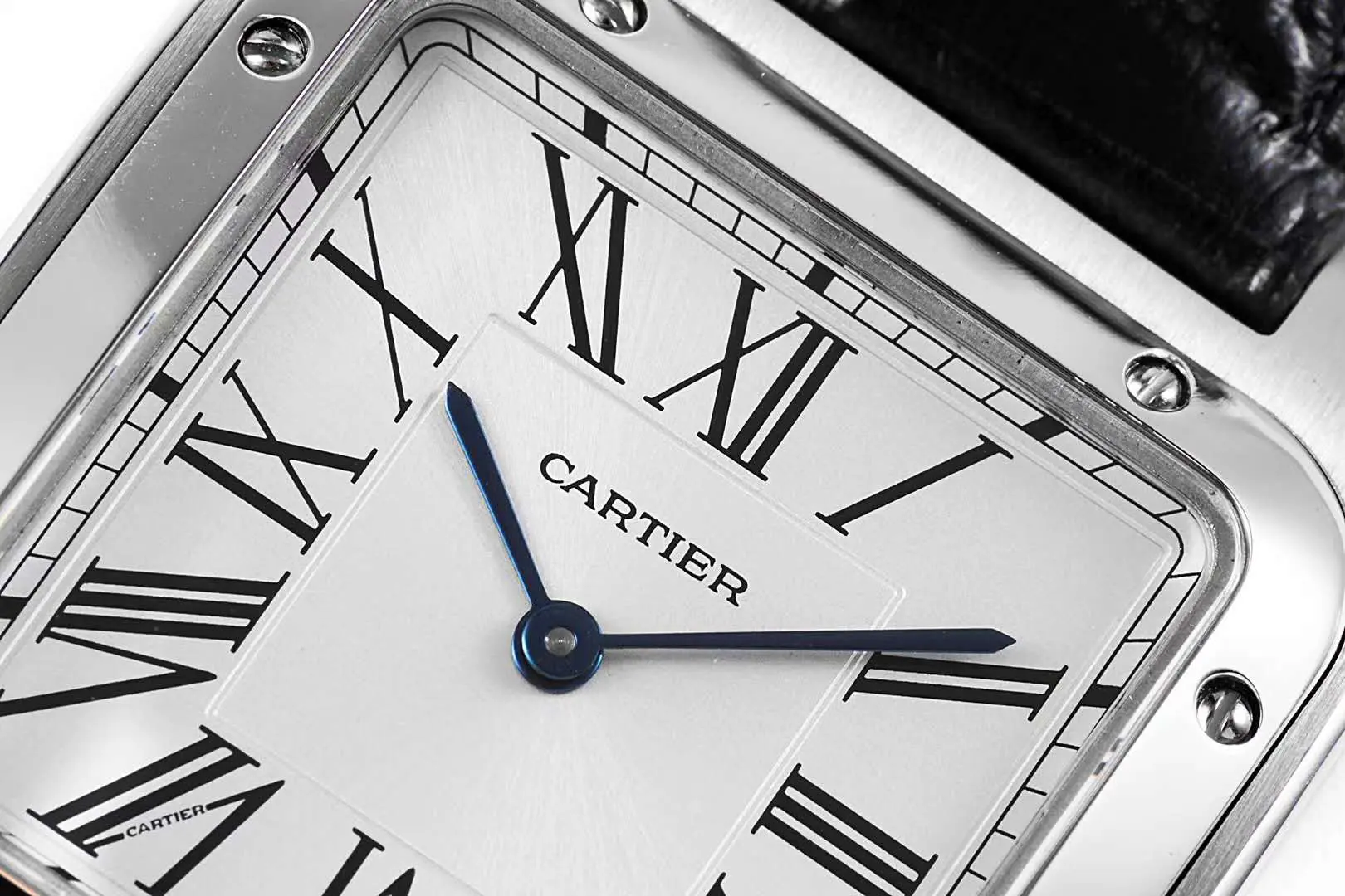 Santos-Dumont cadran blanc en acier sur bracelet en cuir noir – Image 4