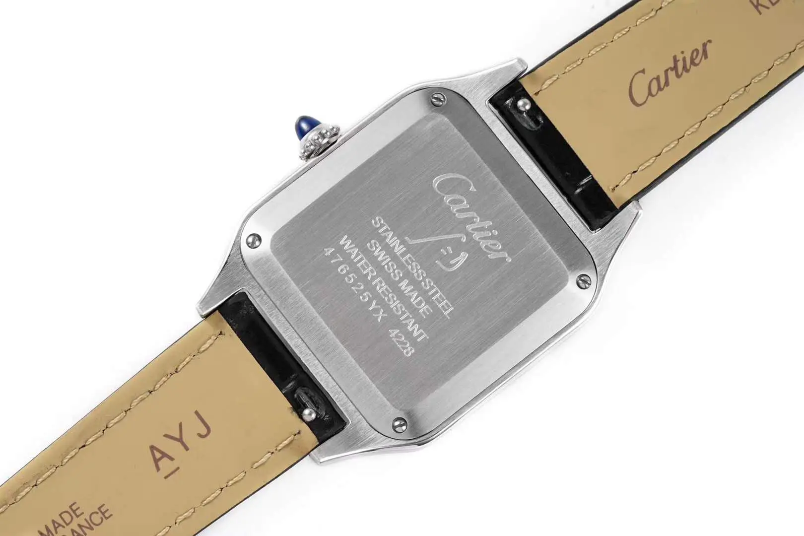 Santos-Dumont cadran blanc en acier sur bracelet en cuir noir – Image 7