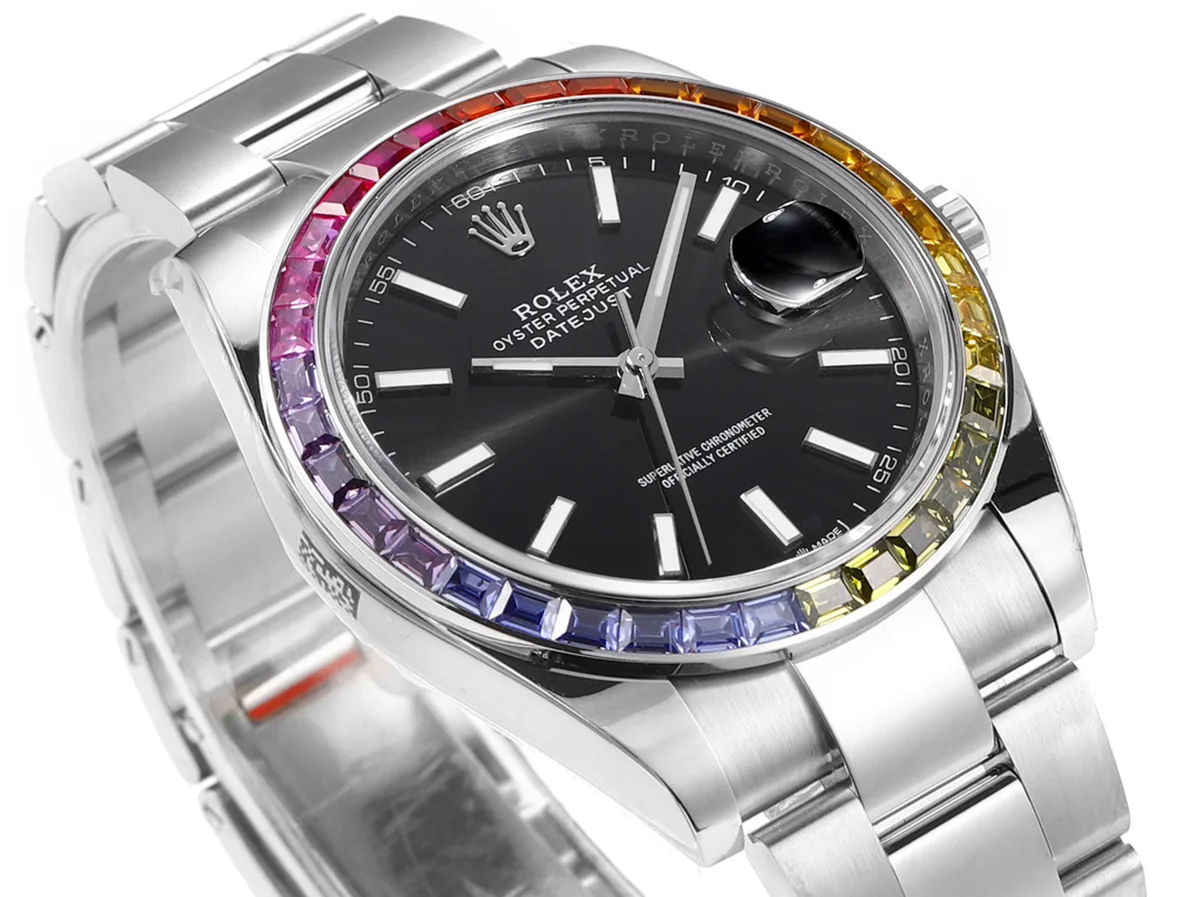 Datejust 41 schwarzes Zifferblatt Strichindizes mit Regenbogen-Diamantlünette in Stahl am Oyster-Armband – Bild 4