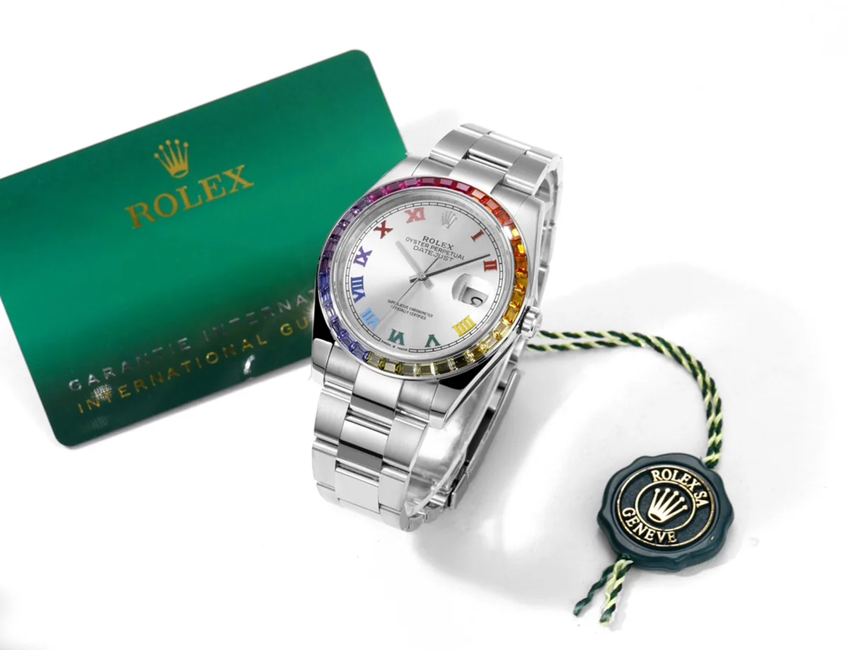 Datejust 41 quadrante argento numeri romani con lunetta con diamanti arcobaleno in acciaio su bracciale Oyster - immagine 9