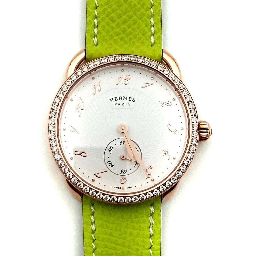 Arceau Petite Rose Gold with Diamond Bezel on Green Epsom Leather Strap