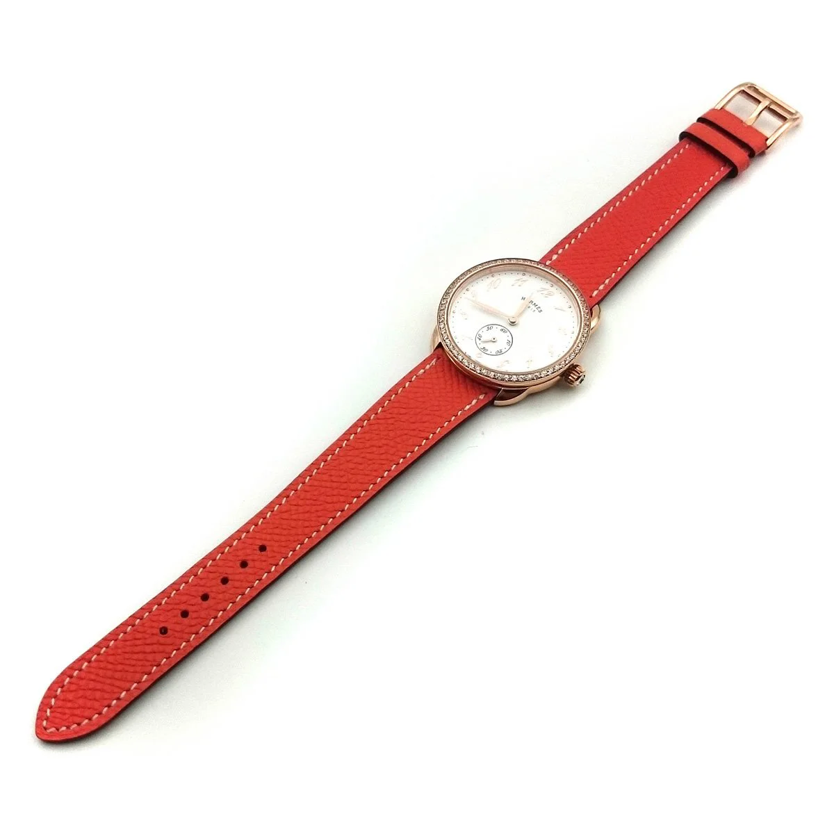 Arceau Petite Rose Gold with Diamond Bezel on Vermilion Epsom Leather Strap