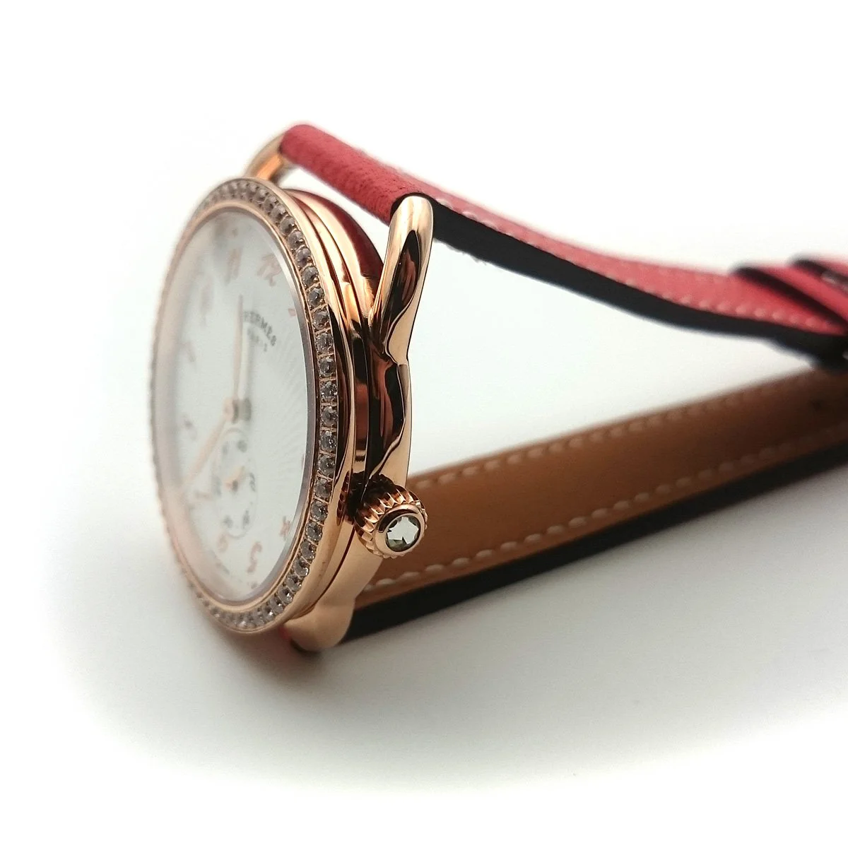 Arceau Petite Rose Gold with Diamond Bezel on Vermilion Epsom Leather Strap