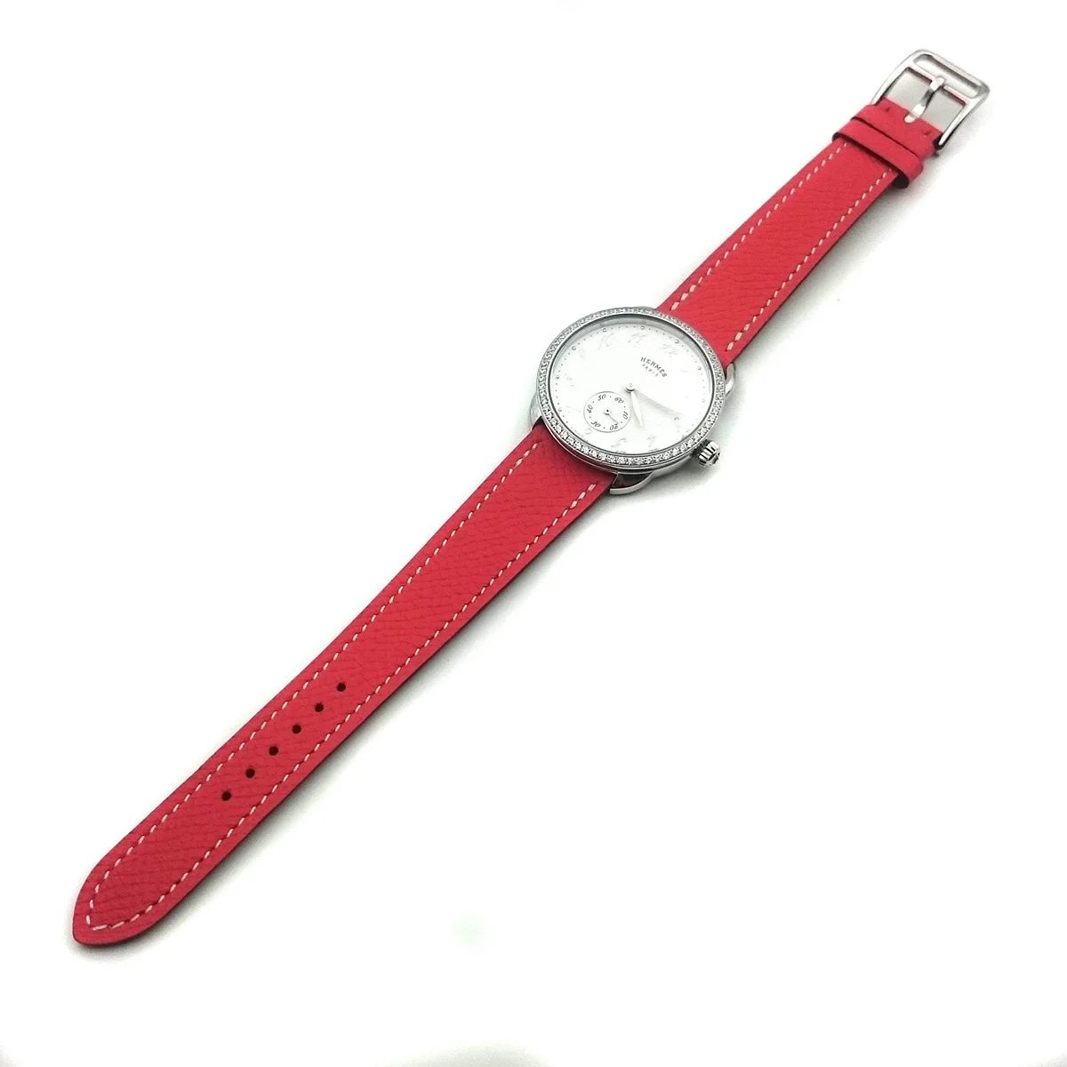 Arceau Petite Steel with Diamond Bezel on Vermilion Epsom Leather Strap