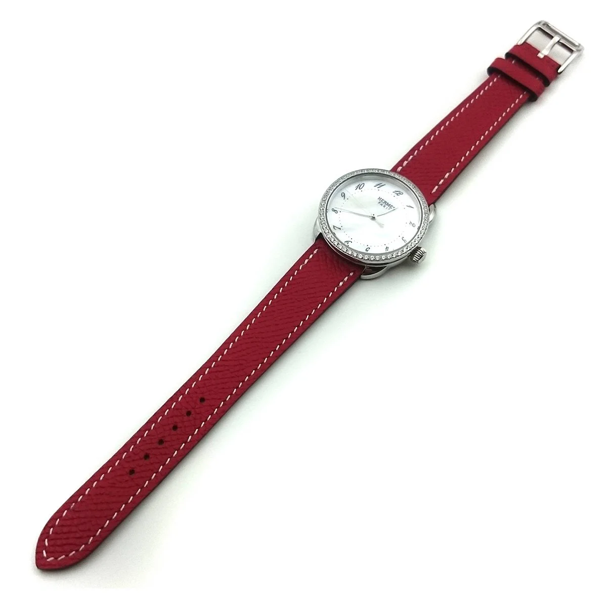 Arceau Steel with Diamond Bezel on Red Epsom Leather Strap