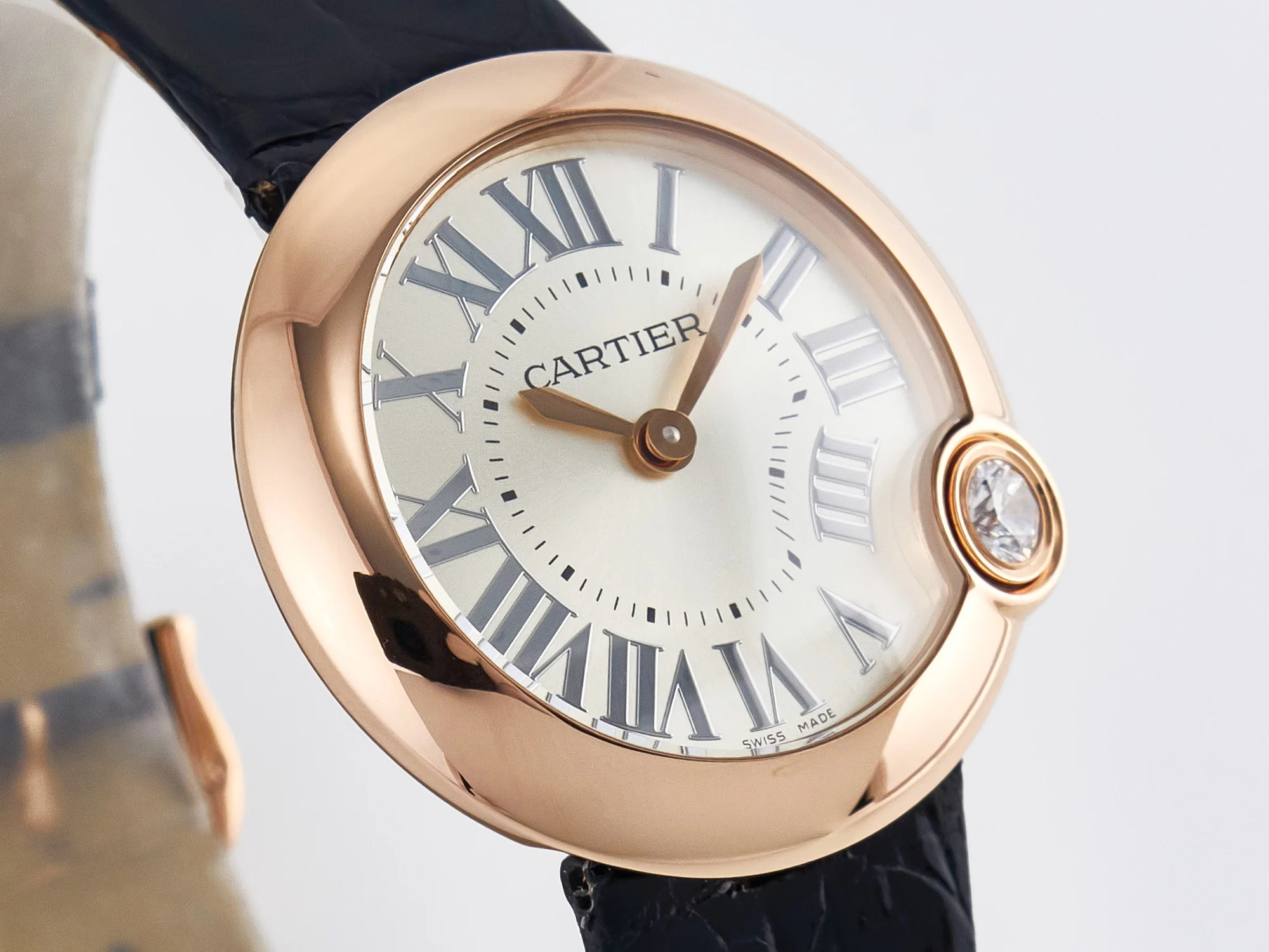 Ballon Blanc De Cartier 30mm RG DRF 1:1 Best Edition Silvered Texture Dial on Black Leather Strap Ronda Quartz