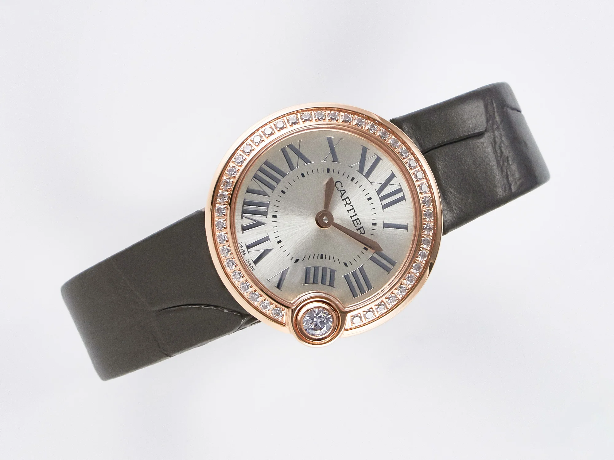 Ballon Blanc De Cartier 30mm RG DRF 1:1 Best Edition Silvered Texture Dial Diamonds Bezel on Green Leather Strap Ronda Quartz