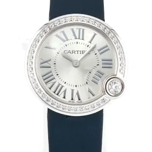 Ballon Blanc De Cartier 30mm SS DRF 1:1 Best Edition Silvered Texture Dial Diamonds Bezel on Blue Calfskin Strap Ronda Quartz
