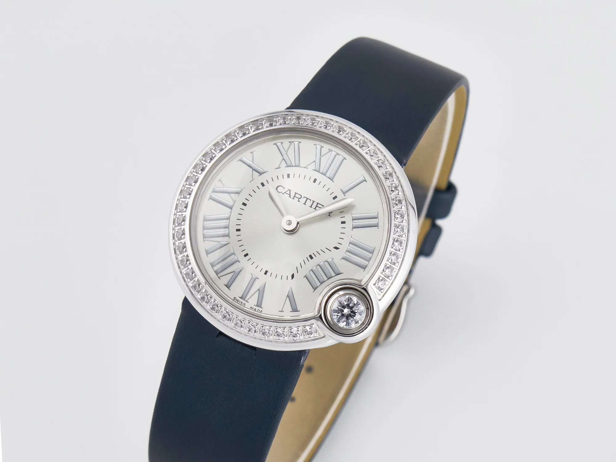 Ballon Blanc De Cartier 30mm SS DRF 1:1 Best Edition Silvered Texture Dial Diamonds Bezel on Blue Calfskin Strap Ronda Quartz
