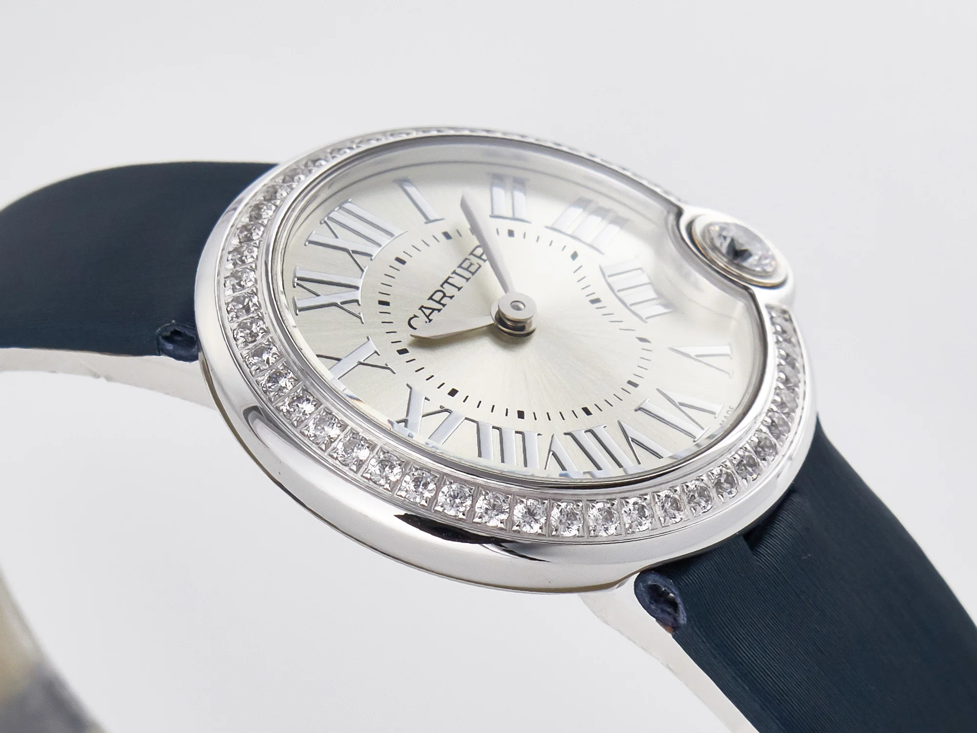 Ballon Blanc De Cartier 30mm SS DRF 1:1 Best Edition Silvered Texture Dial Diamonds Bezel on Blue Calfskin Strap Ronda Quartz