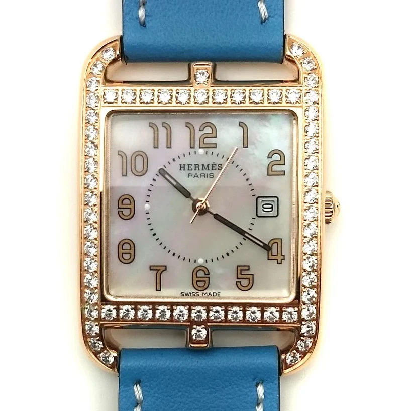Cape Cod GM Quartz Rose Gold with Diamond Bezel on Light Blue Fjord Leather Strap
