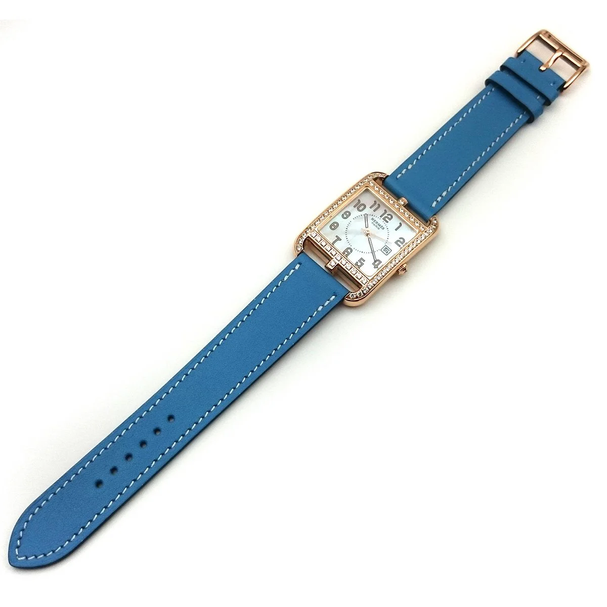 Cape Cod GM Quartz Rose Gold with Diamond Bezel on Light Blue Fjord Leather Strap