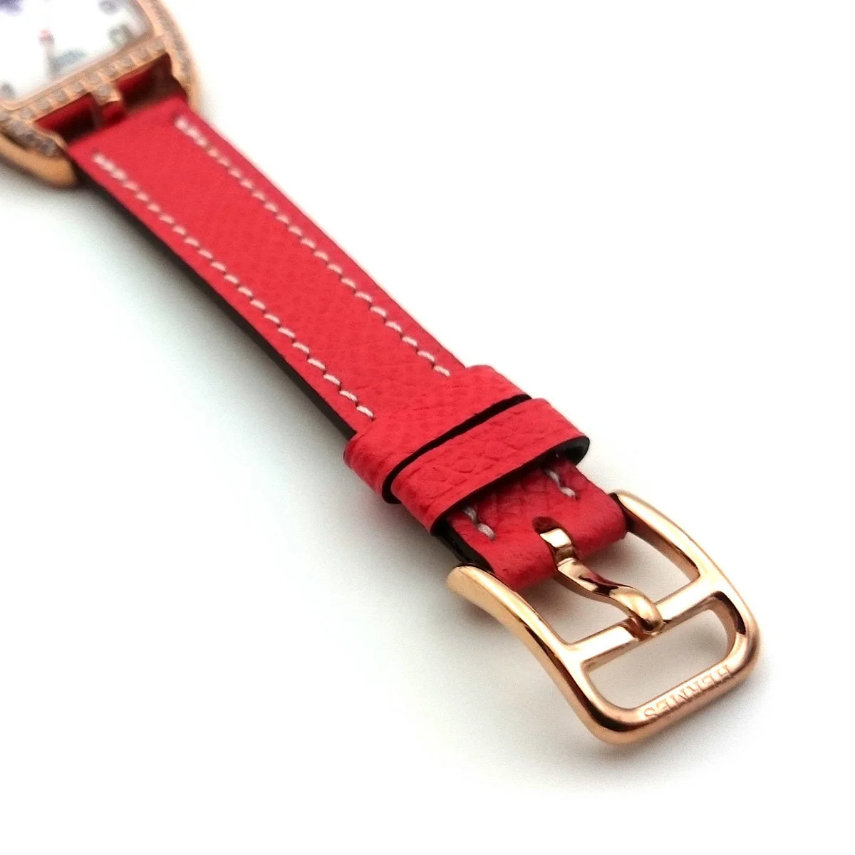 Cape Cod Tonneau Rose Gold with Diamond Bezel on Vermilion Epsom Leather Strap