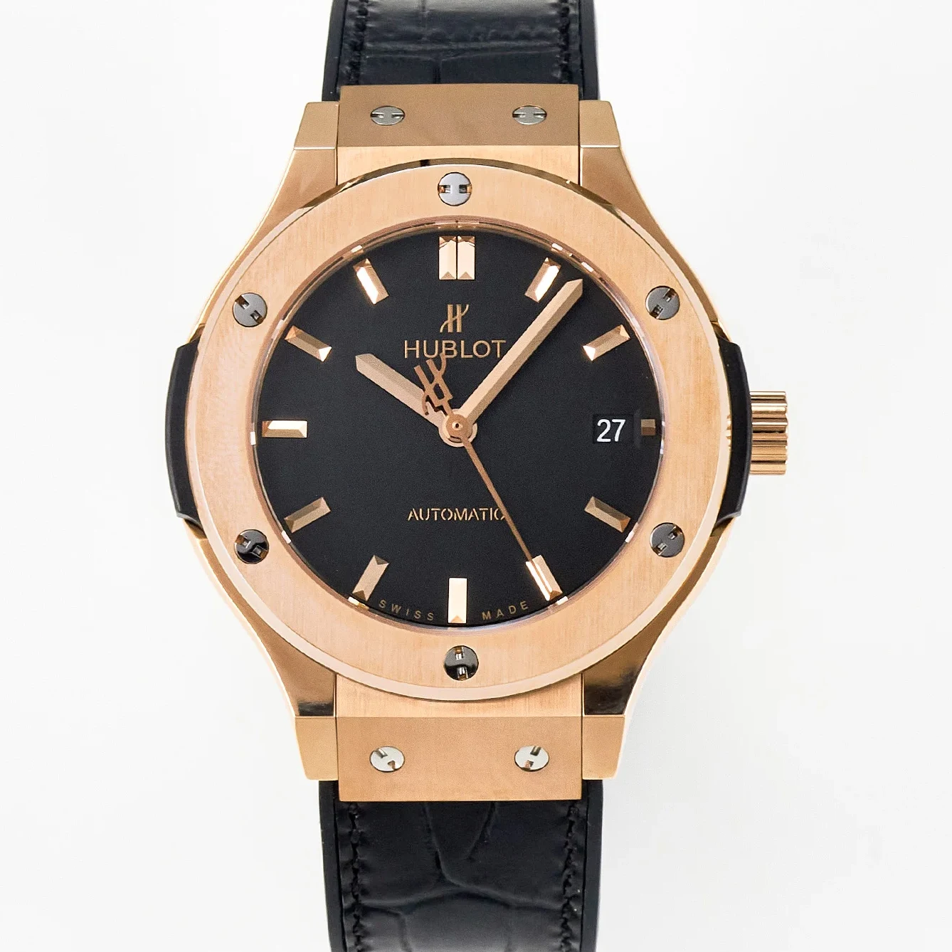 Classic Fusion 38mm RG JJF 1:1 Best Edition Black Dial on Black Gummy Leather Strap