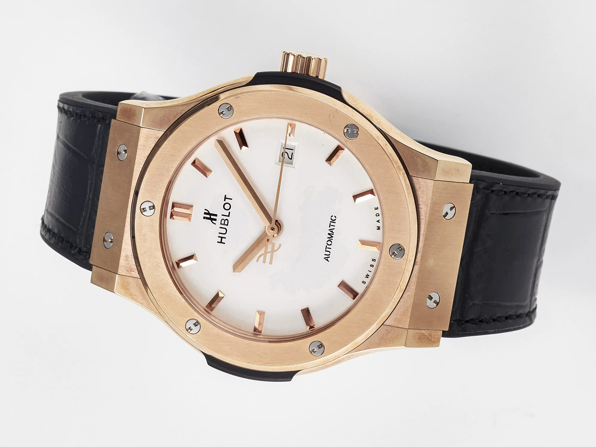 Classic Fusion 42mm RG JJF 1:1 Best Edition White Dial on Black Gummy Leather Strap