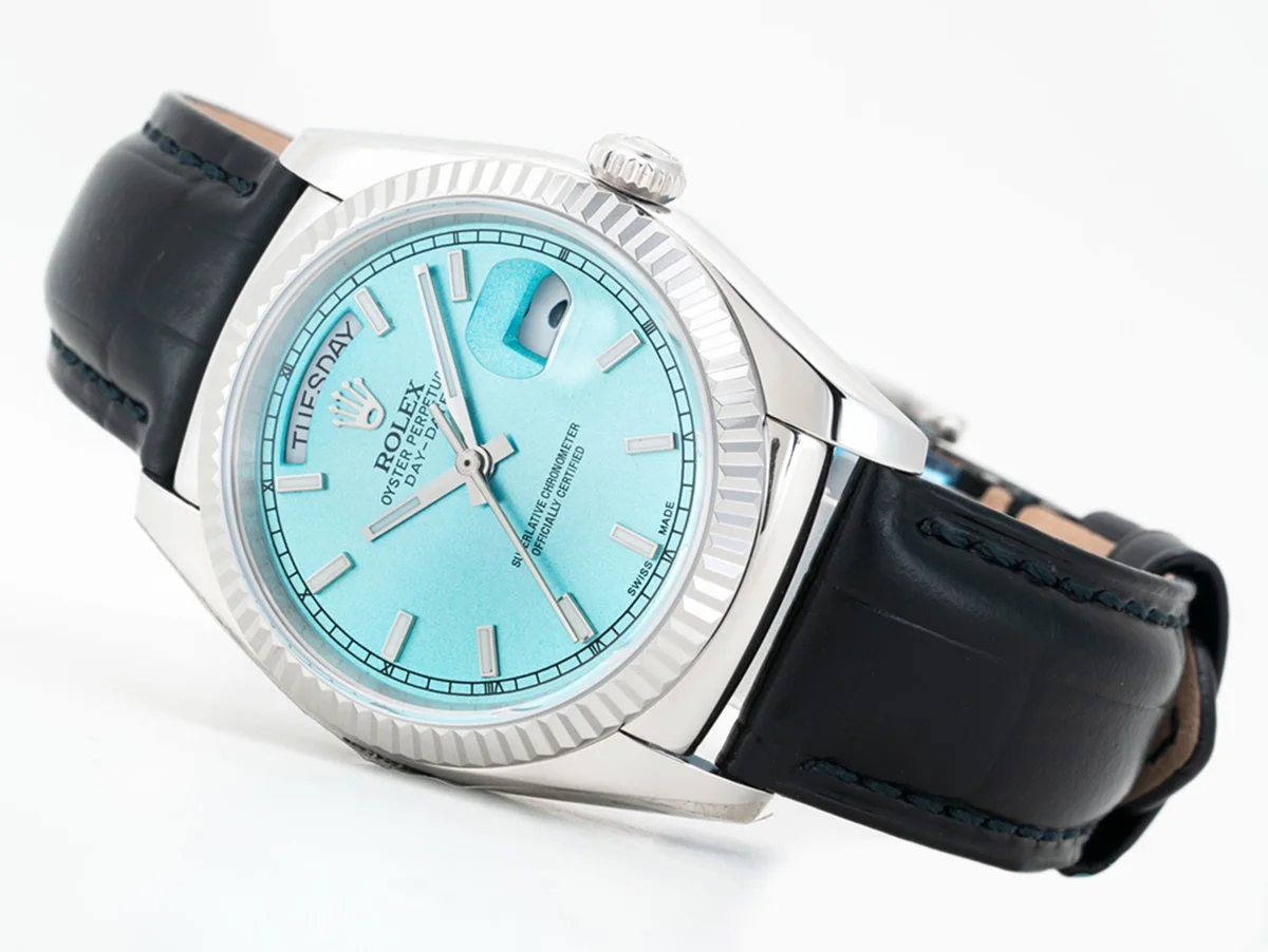 Day-Date 36 Ice Blue Dial in White Gold on Leather Strap