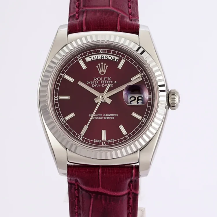 Day-Date 36 Red Dial in White Gold on Leather Strap