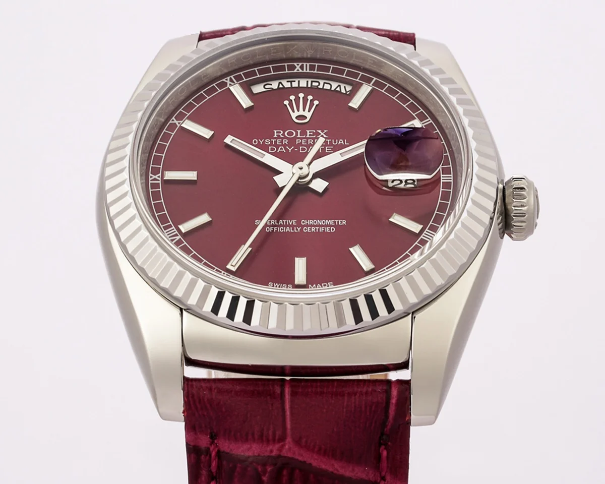 Day-Date 36 Red Dial in White Gold on Leather Strap