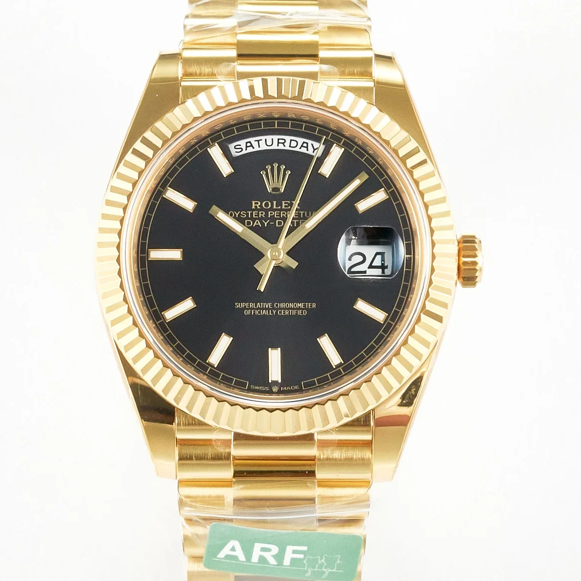 Day Date 40 228238 ARF 904L Steel Black Stick Dial on President Bracelet VR3255