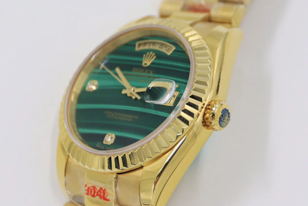 Daydate 36 128238 Malachite Diamond Marker Dial in Yellow Gold