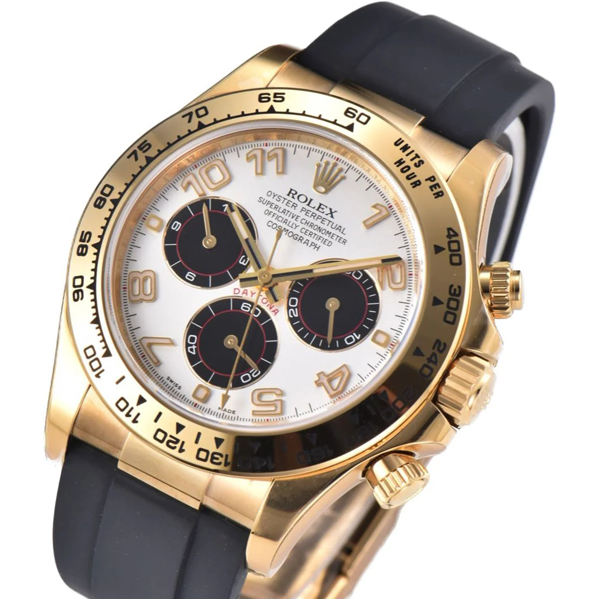 Daytona 116519 White Dial in Yellow Gold on Rubber Strap
