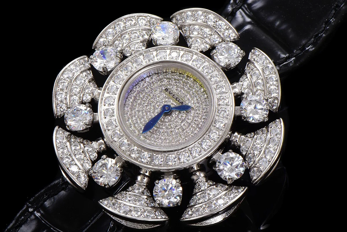 Diva’s Dream Jewellery Watch Diamond Paved Dial in White Dial on Black Leather Strap