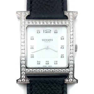 Heure H Steel with Diamond Bezel and Markers on Black Epsom Leather Strap