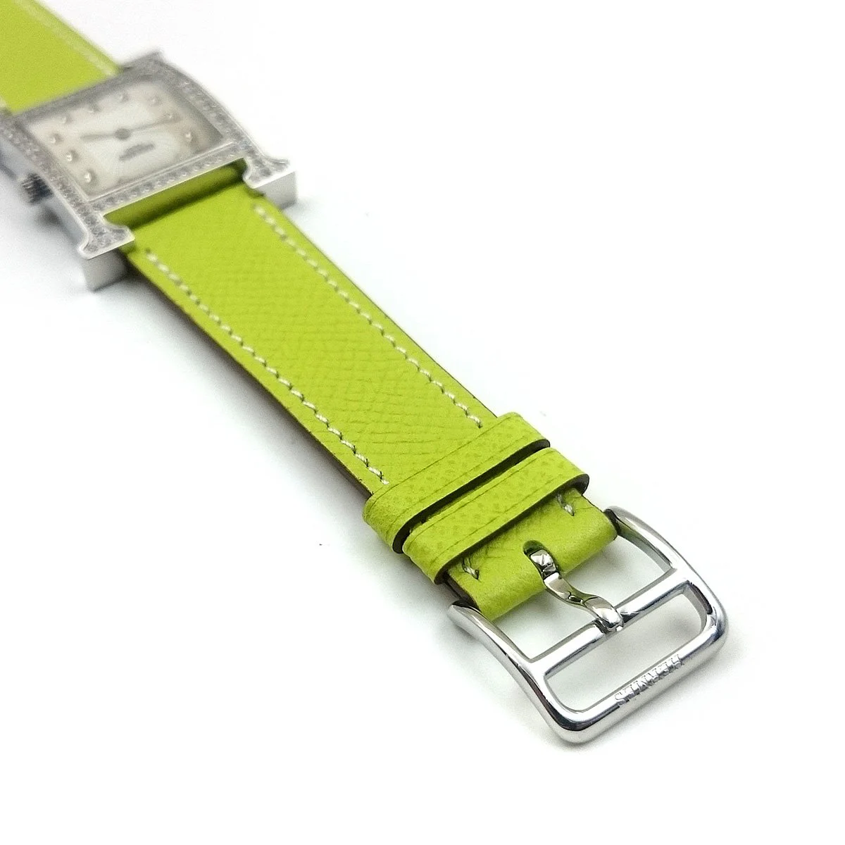 Heure H Steel with Diamond Bezel and Markers on Green Epsom Leather Strap