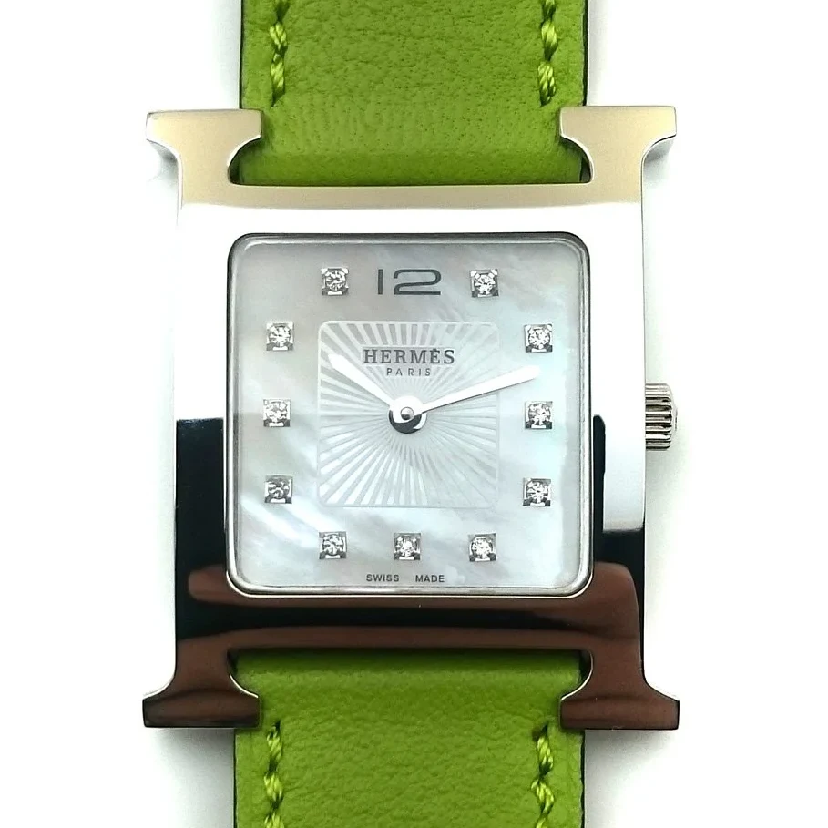 Heure H Steel with Diamond Markers on Green Fjord Leather Strap