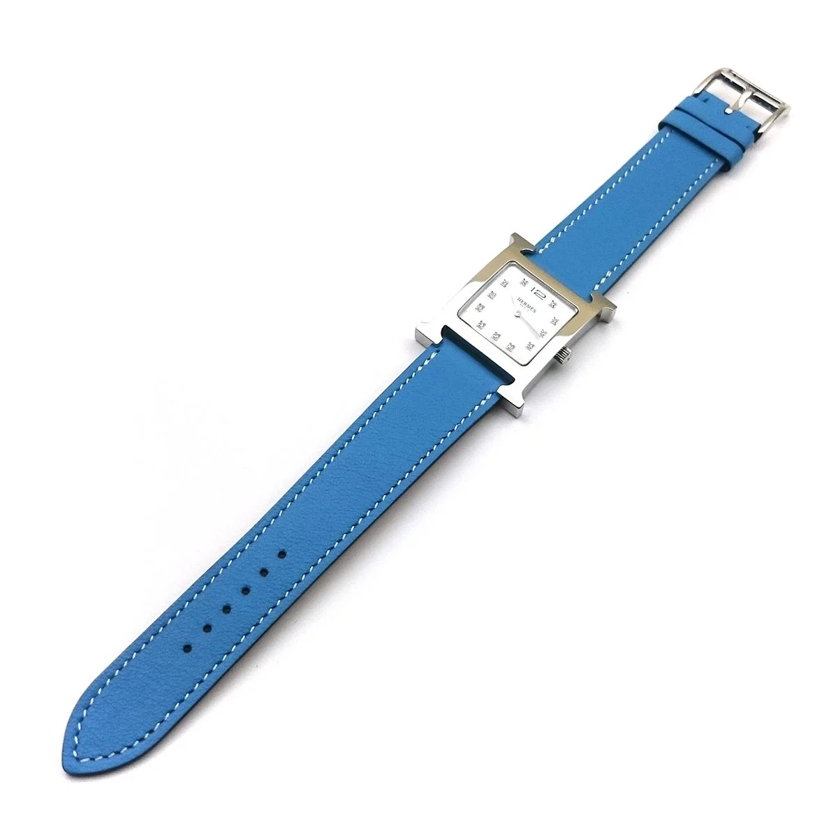 Heure H Steel with Diamond Markers on Light Blue Fjord Leather Strap