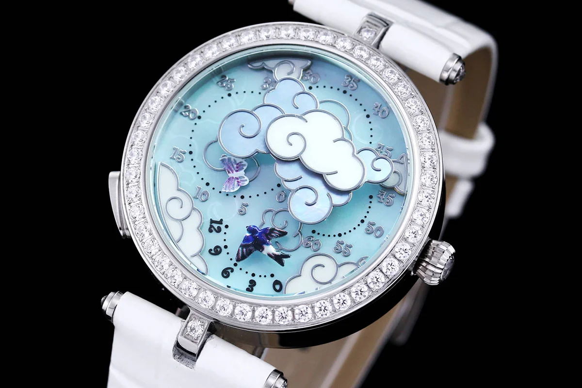 Lady Arpels Ronde des Papillons Watch in White Gold on Leather Strap