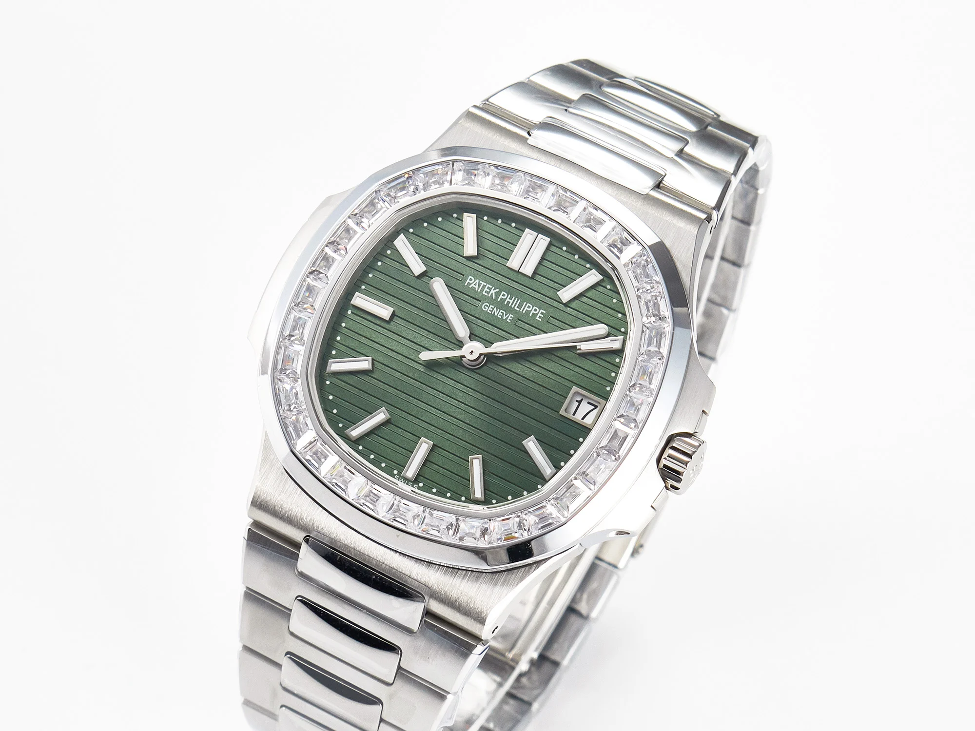 Nautilus 5711 3KF 1:1 Best Edition Square Diamonds Bezel Green Dial on SS Bracelet A324 Super Clone V2