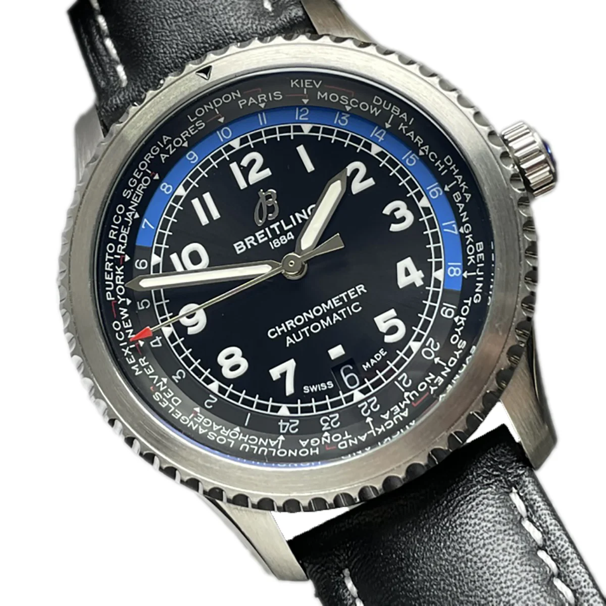 Navitimer Aviator 8 B35 Unitime Automatic 43 Black Dial in Steel on Black Leather Strap