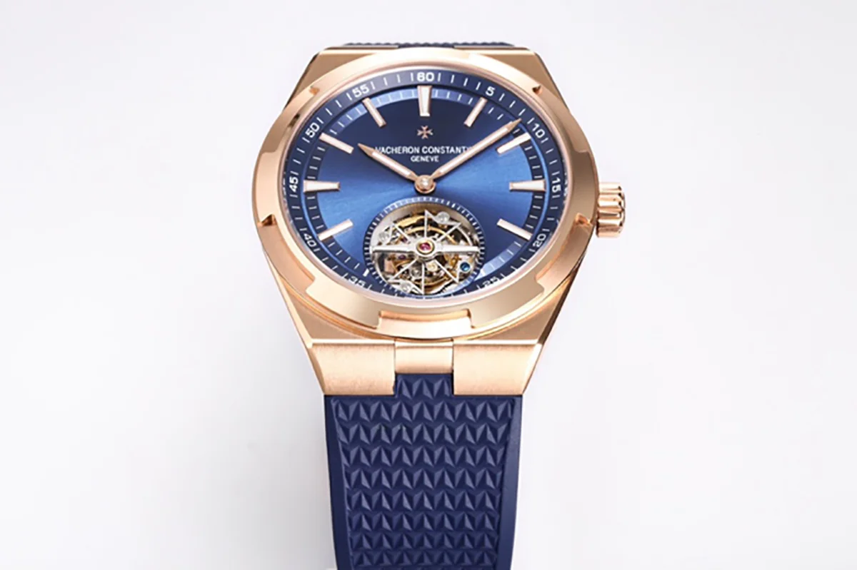 Overseas Tourbillion in Pink Gold on Blue Rubber Strap