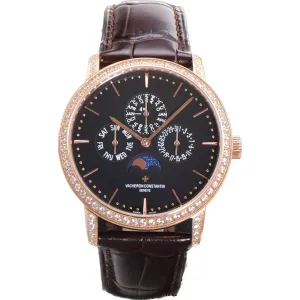 Patrimony Perpetual Calendar Ultra-Thin Black Dial in Pink Gold with Diamond Bezel