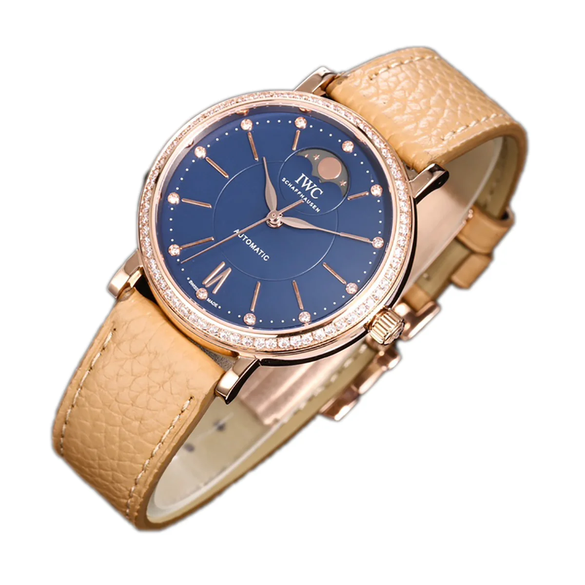 Portofino IW6596 Automatic Moon Phase 37 Blue Dial in Rose Gold on Brown Leather Strap