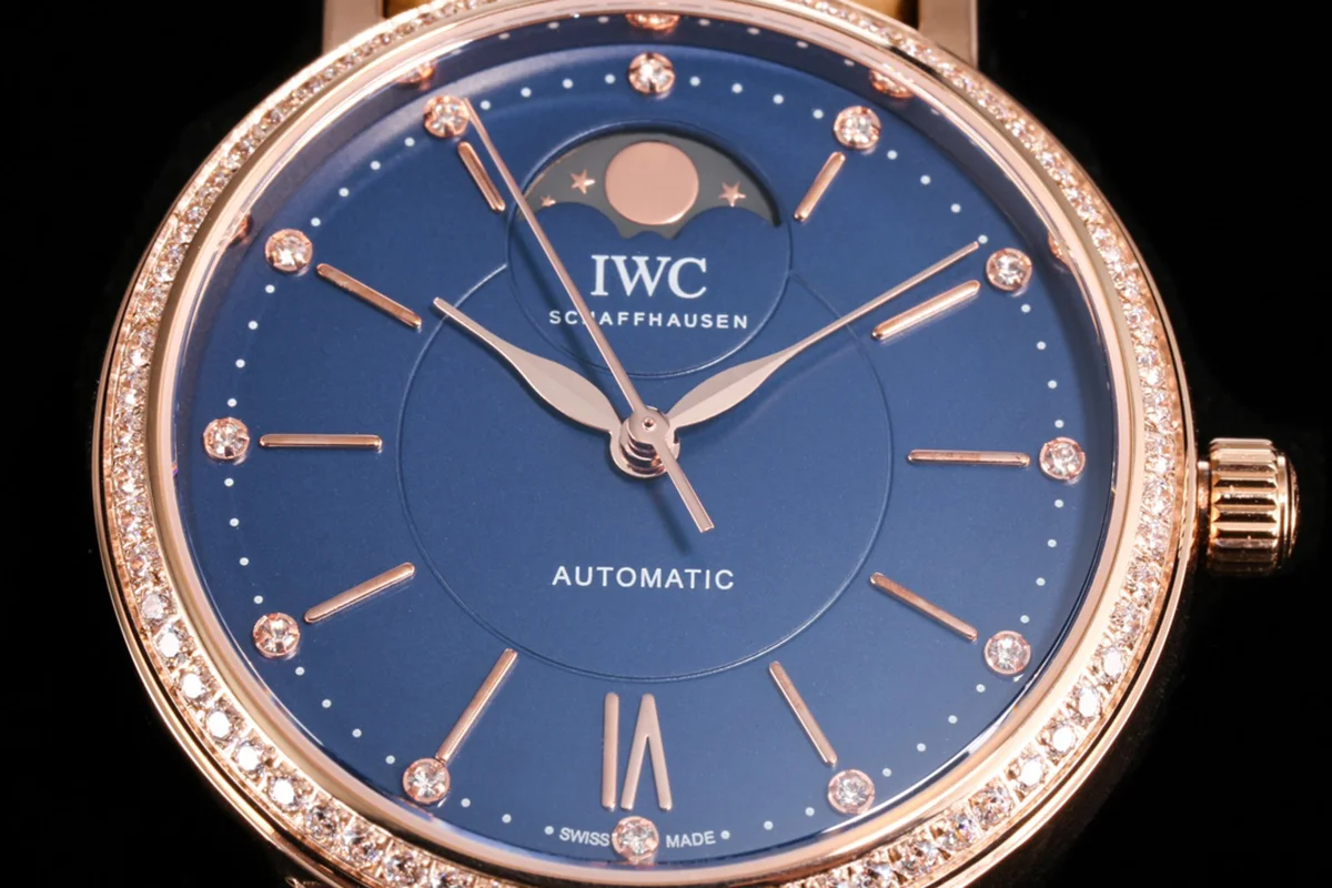 Portofino IW6596 Automatic Moon Phase 37 Blue Dial in Rose Gold on Brown Leather Strap