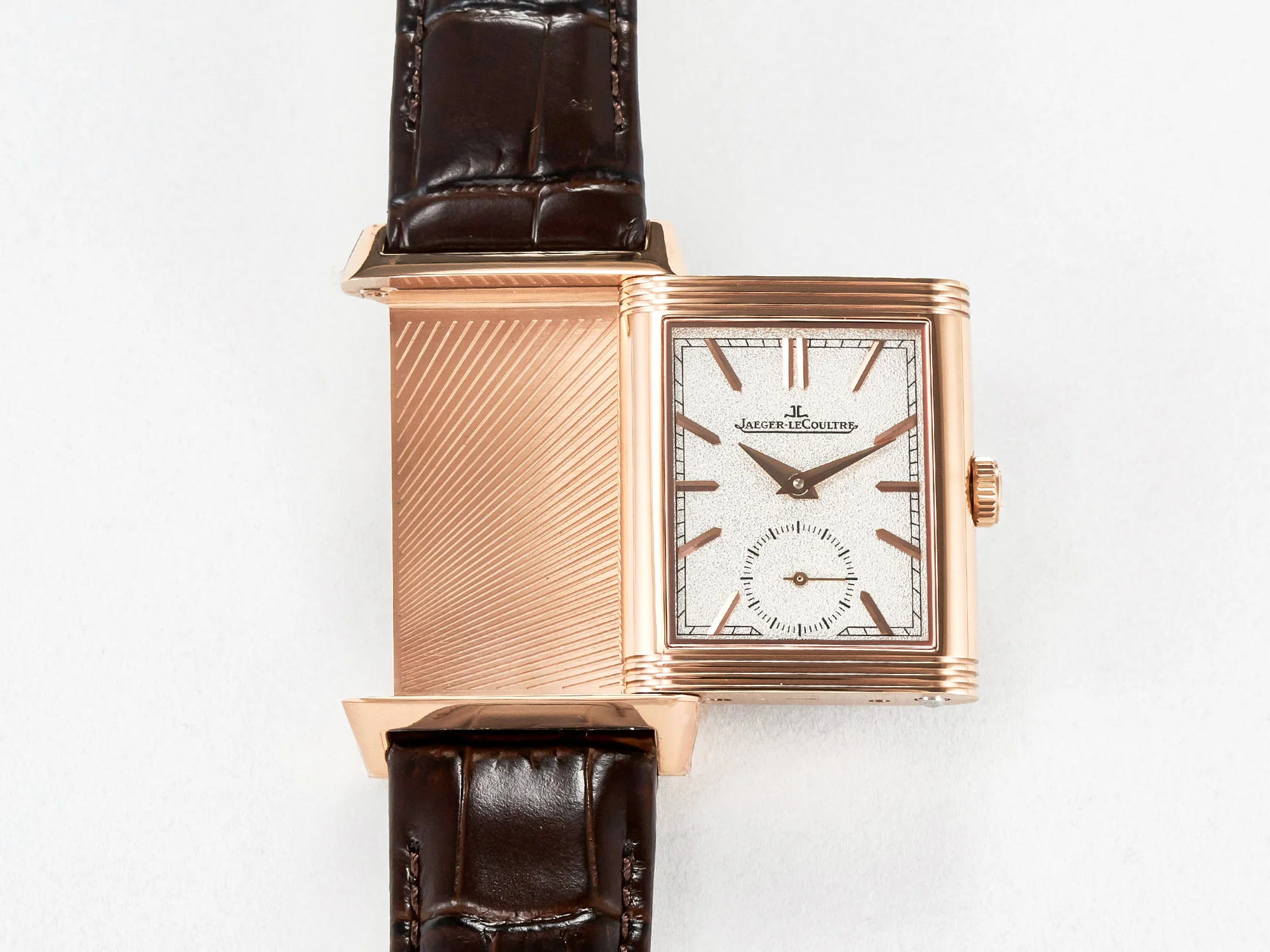 Reverso Tribute Duoface Small Seconds RG MGF Best Edition White Spray Paint Dial on Black Leather Strap A854A