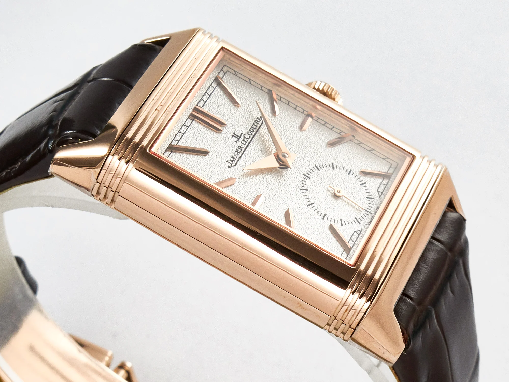 Reverso Tribute Duoface Small Seconds RG MGF Best Edition White Spray Paint Dial on Black Leather Strap A854A