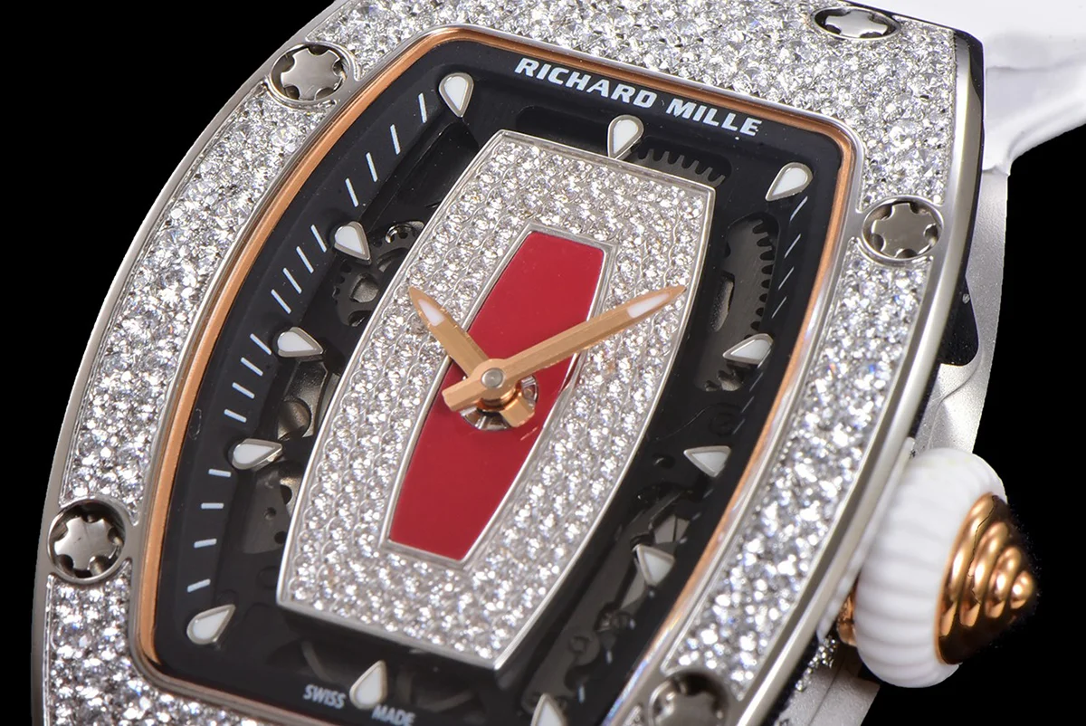 RM 007 Automatic Ladies with Diamond Bezel in Steel on White Rubber Strap