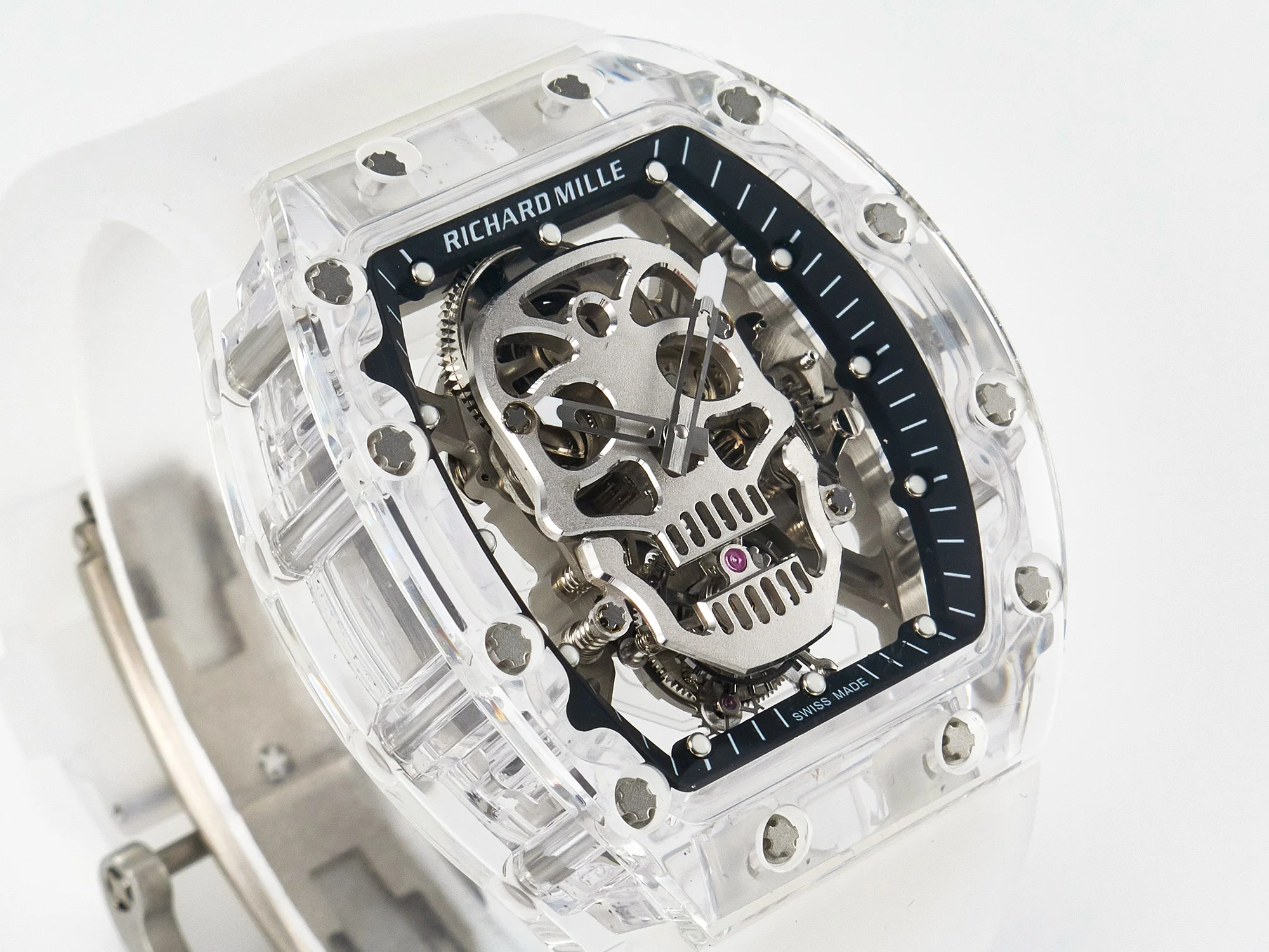 RM52-01 White Transparent Tourbillon MSF Best Edition Skull Dial on White Rubber Strap