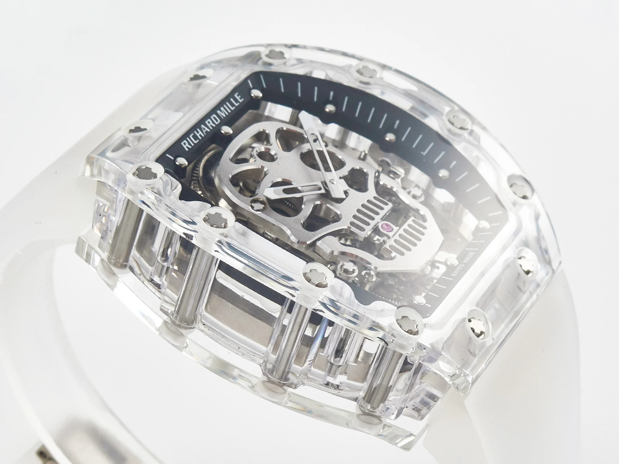 RM52-01 White Transparent Tourbillon MSF Best Edition Skull Dial on White Rubber Strap