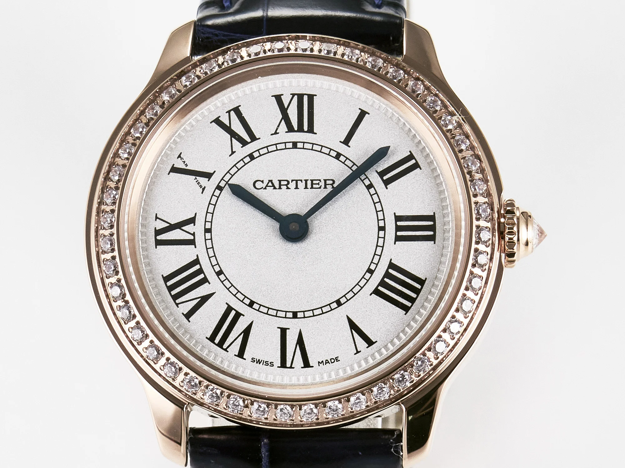 Ronde Louis Cartier 29mm RG DRF 1:1 Best Edition Sandblasted Beige Dial Diamonds Bezel on Blue Leather Strap Ronda Quartz