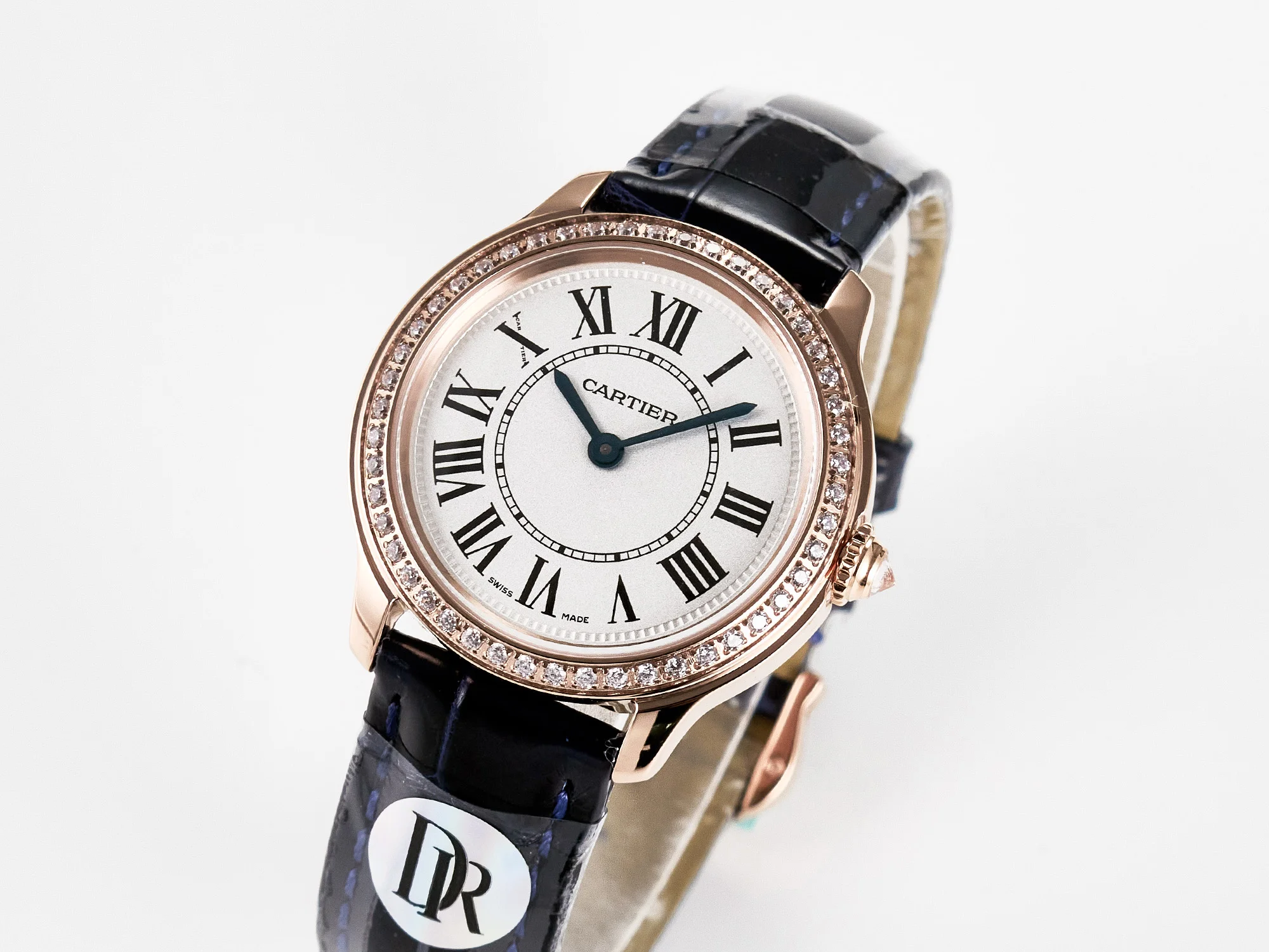 Ronde Louis Cartier 29mm RG DRF 1:1 Best Edition Sandblasted Beige Dial Diamonds Bezel on Blue Leather Strap Ronda Quartz