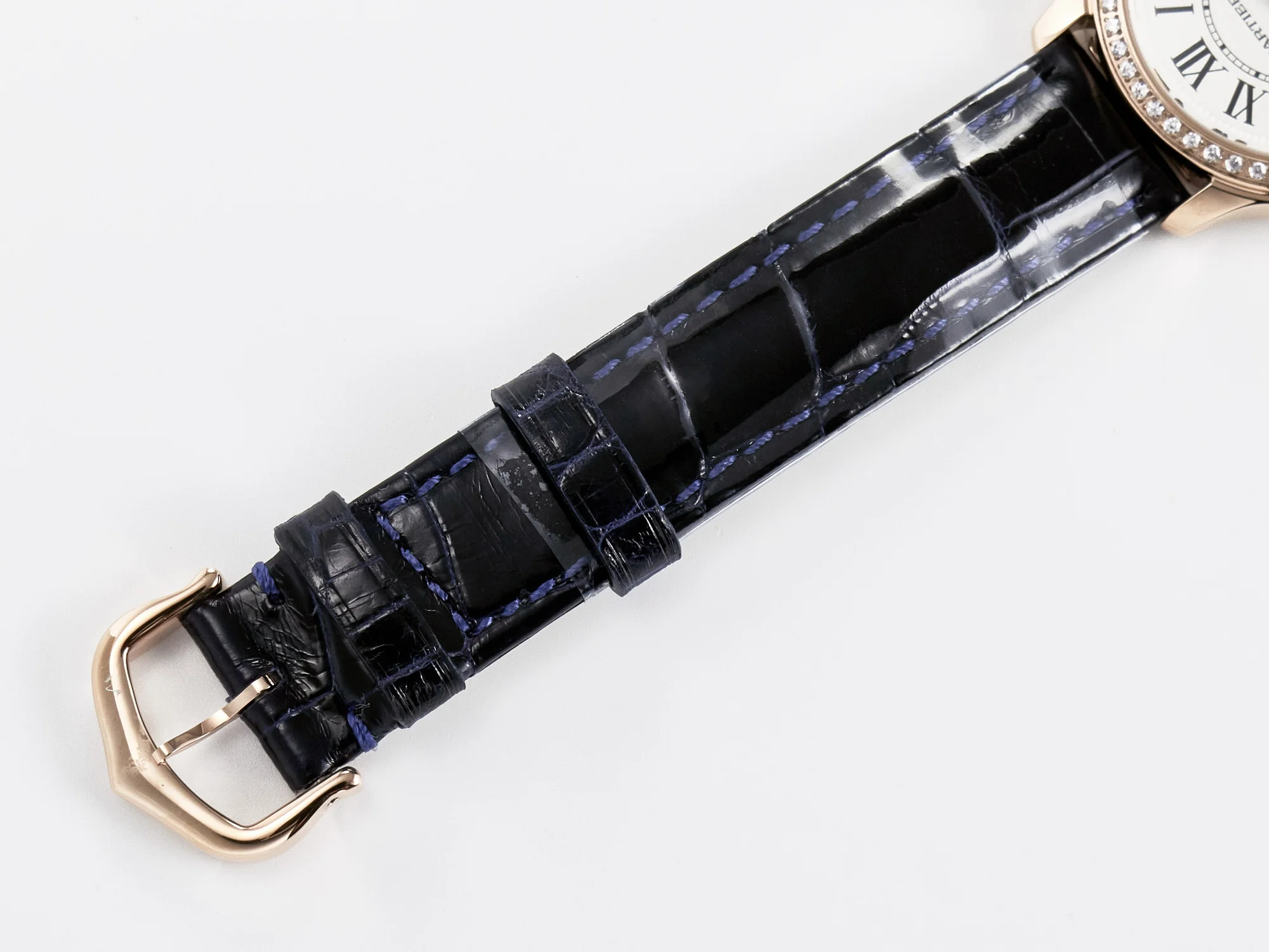Ronde Louis Cartier 29mm RG DRF 1:1 Best Edition Sandblasted Beige Dial Diamonds Bezel on Blue Leather Strap Ronda Quartz