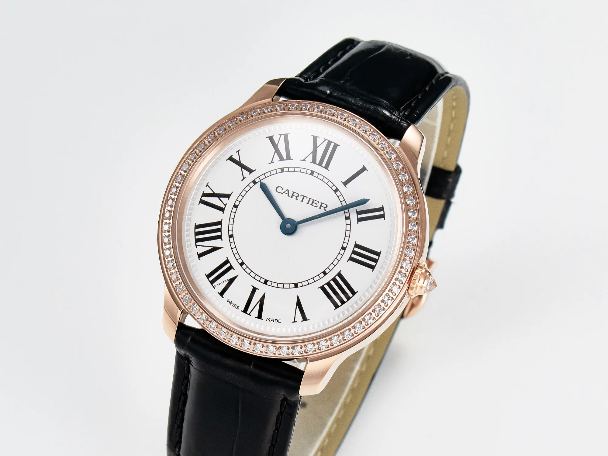 Ronde Louis Cartier 36mm RG DRF 1:1 Best Edition Sandblasted Beige Dial Diamonds Bezel on Black Leather Strap Ronda Quartz