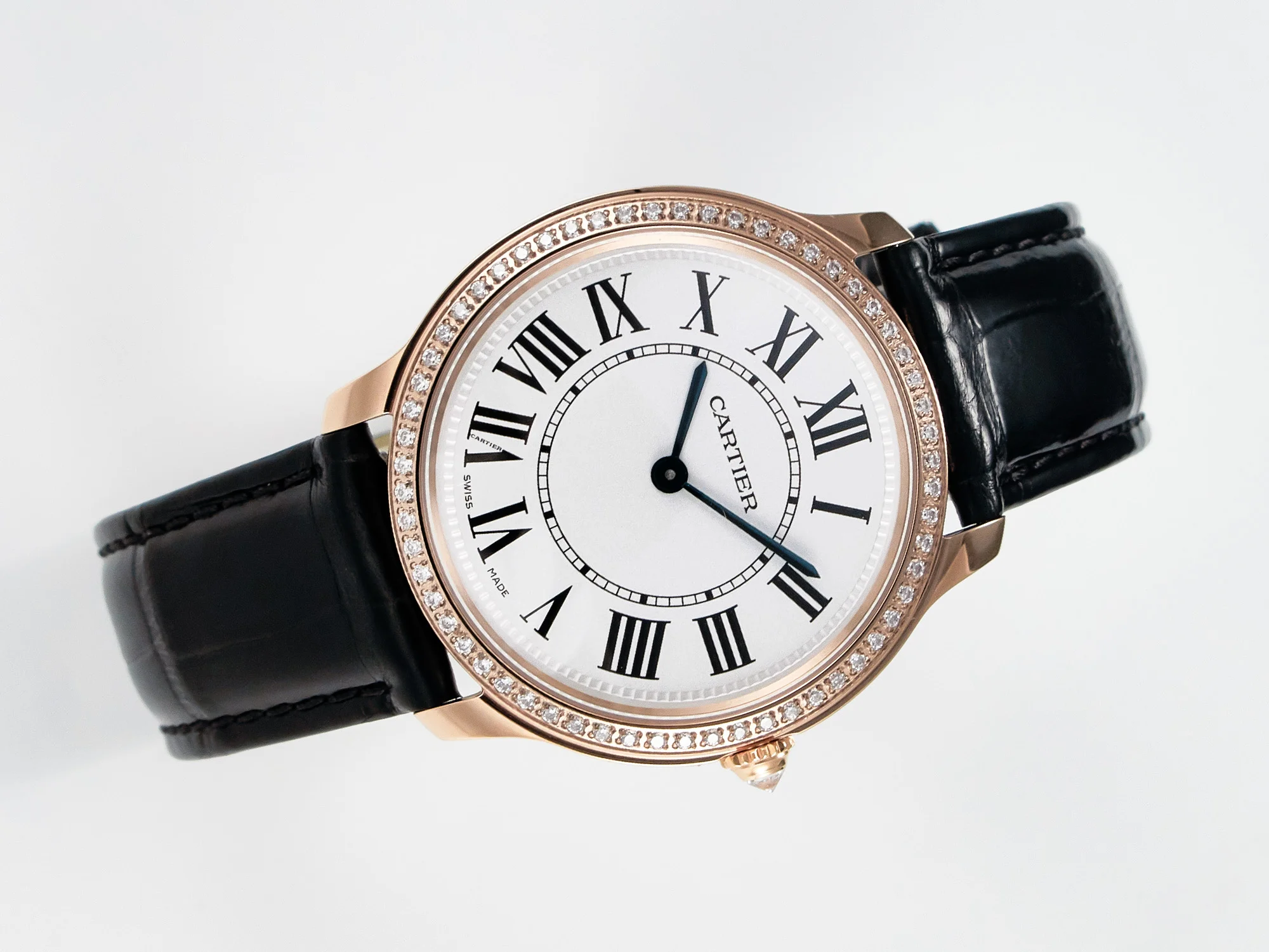 Ronde Louis Cartier 36mm RG DRF 1:1 Best Edition Sandblasted Beige Dial Diamonds Bezel on Black Leather Strap Ronda Quartz